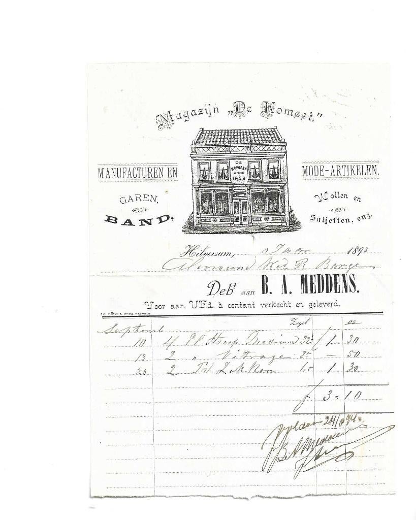 hilversum  1893  de komeet  meddens gesign.  mode  sayetten, Verzenden