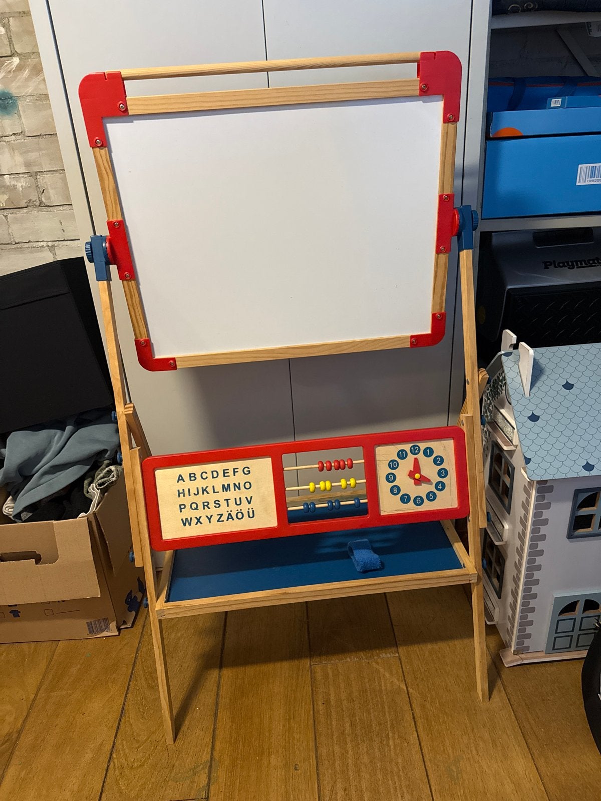 Houten kinderbord: krijt- en whiteboard met telraam, Ophalen, Gebruikt, Knutselen