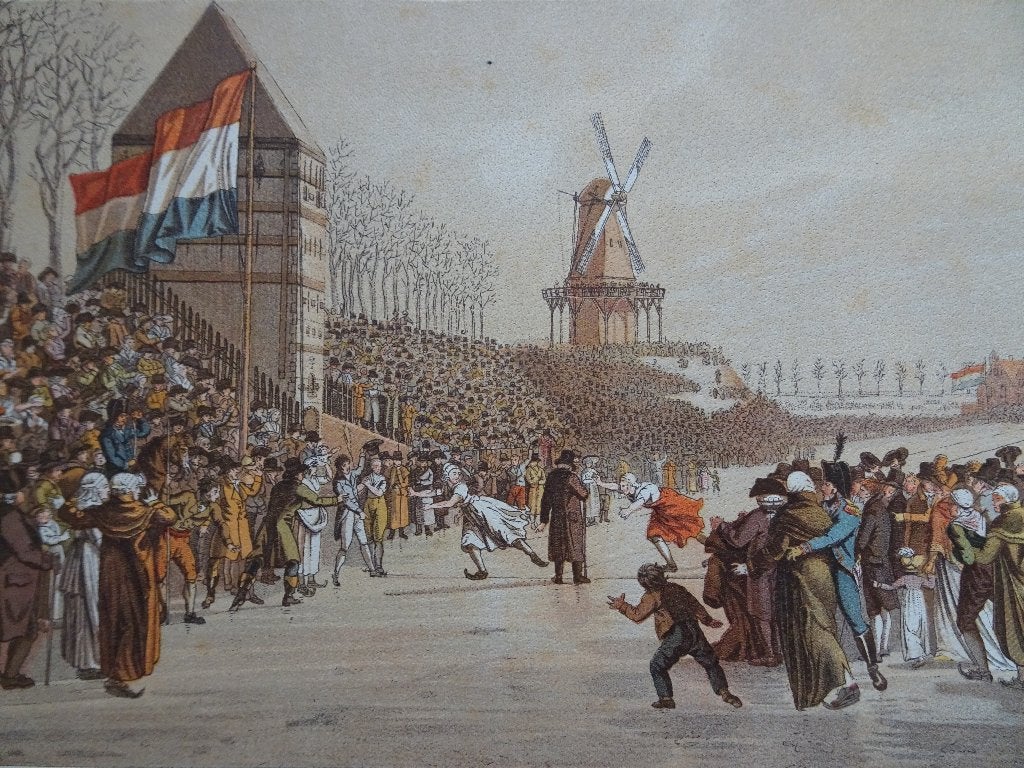 kleurlitho schaatswedstrijd vrouwen Leeuwarden 1805 Tresling, Origineel, Ophalen of Verzenden