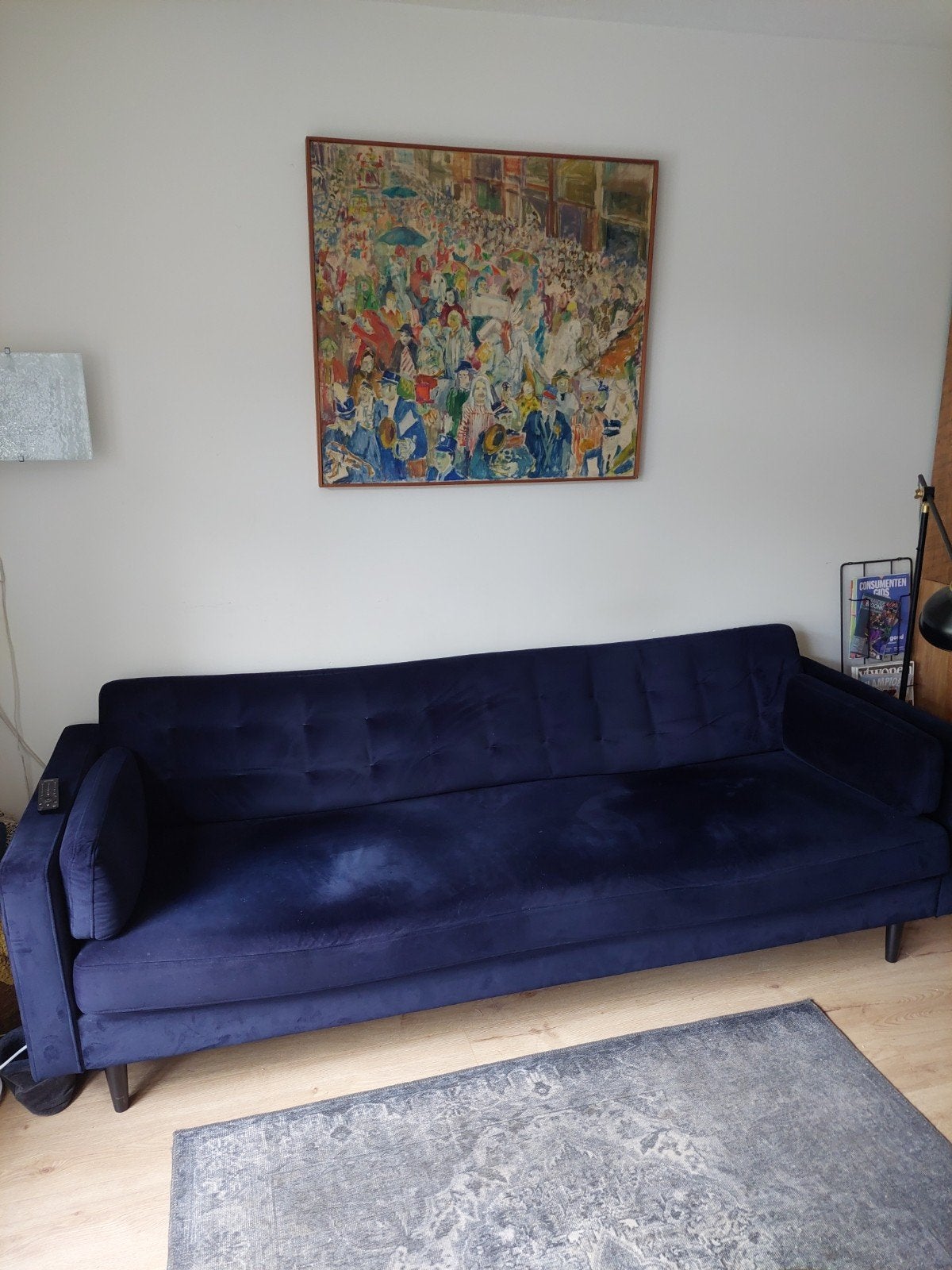 3-zits bank van blauw velvet, licht beschadigd, Ophalen of Verzenden