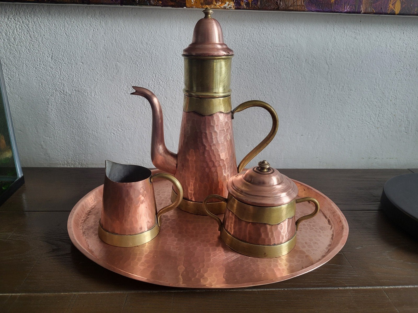 Rood koper met messing Koffie/Thee Set met Dienblad. Antiek, Ophalen of Verzenden, Koper