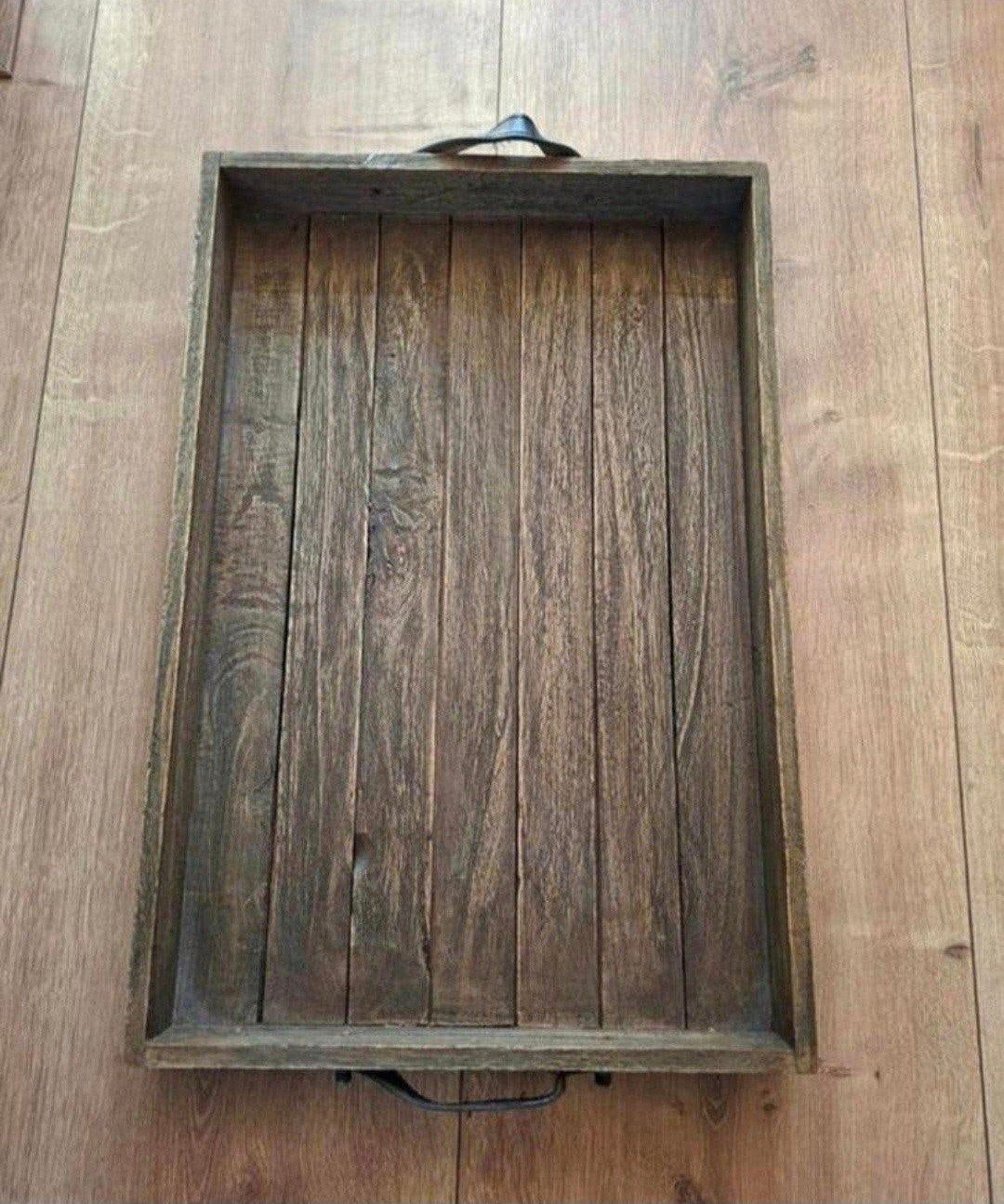 Houten dienblad 60x40 cm met leren handvatten, Ophalen, Gebruikt, Dienblad, Met opstaande rand