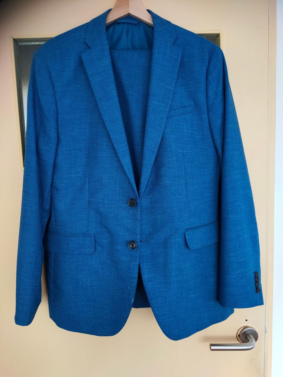 Blauw linnen pak, mt 50 broek, mt52/54 jasje, Ophalen, Zo goed als nieuw, Maat 48/50 (M), Blauw
