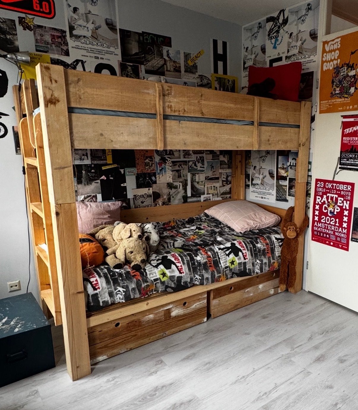 Houten Stapelbed met Lades - Twee Persoons, Huis en Inrichting, Ophalen, 90 cm, Tweepersoons, Zo goed als nieuw