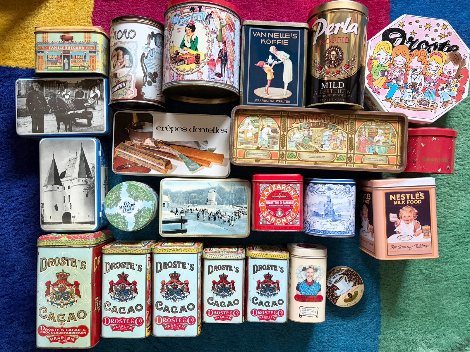 Doos met oude blikken oa Droste, van Nelle, Leonidas, Ophalen of Verzenden, Gebruikt, Overige, Droste