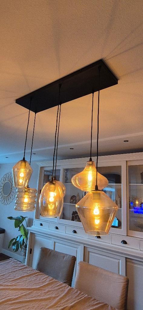 hanglamp 112 cm breed geel/bruin glas, Ophalen, Nieuw, 75 cm of meer, Glas