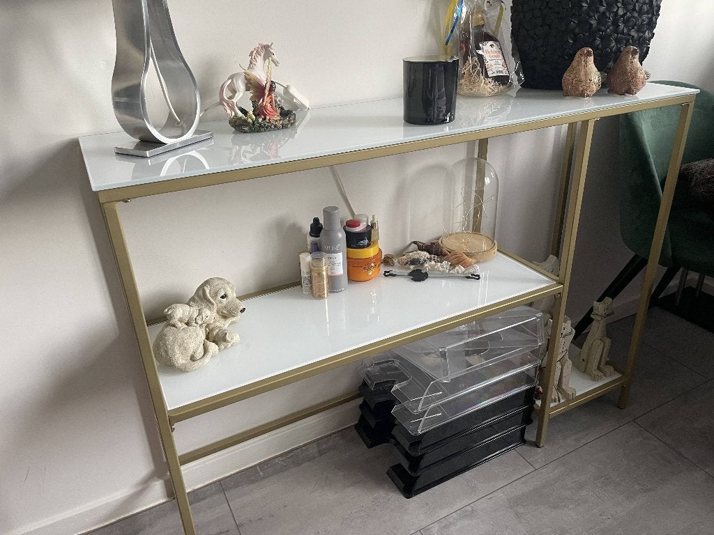 sidetables, Huis en Inrichting, Tafels | Sidetables, Zo goed als nieuw, 25 tot 50 cm, 100 tot 150 cm, Rechthoekig, Glas, Metaal