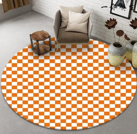 Oranje Wit Geblokt Rond Vloerkleed / Dambord Kleed Tapijt, Wit, Verzenden, Rond, Nieuw