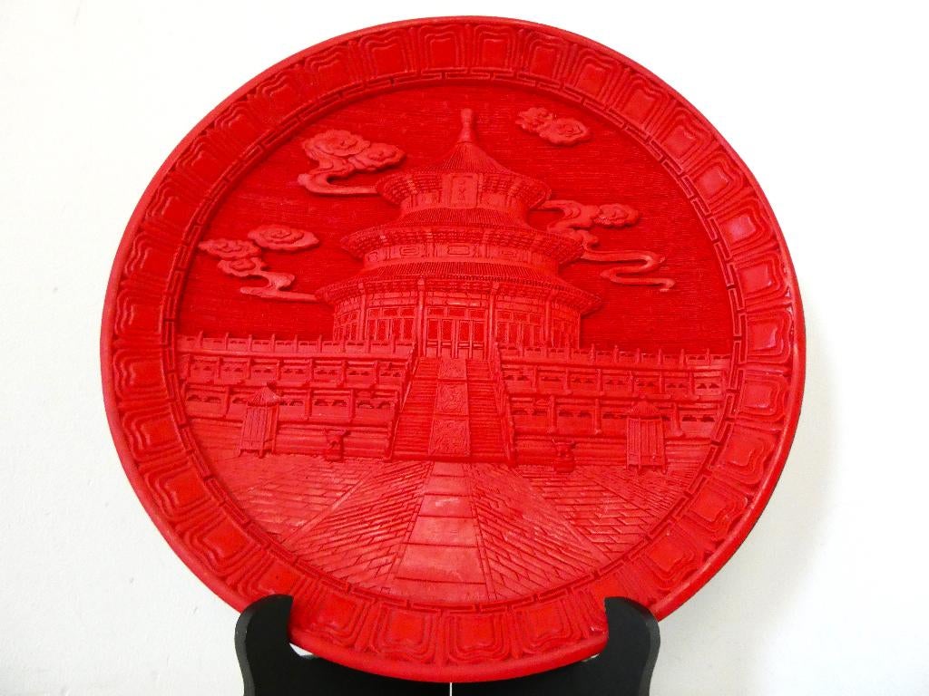 Chinees cinnabar schotel met de Tempel van de Hemel Beijing, Ophalen of Verzenden