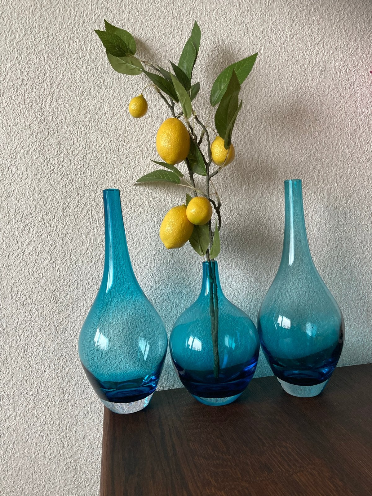 Set van 3 turquoise salongvazen van Ikea (2x31cm, 1x21cm), 31 cm, Blauw, Ophalen of Verzenden, Geschikt voor droogbloemen