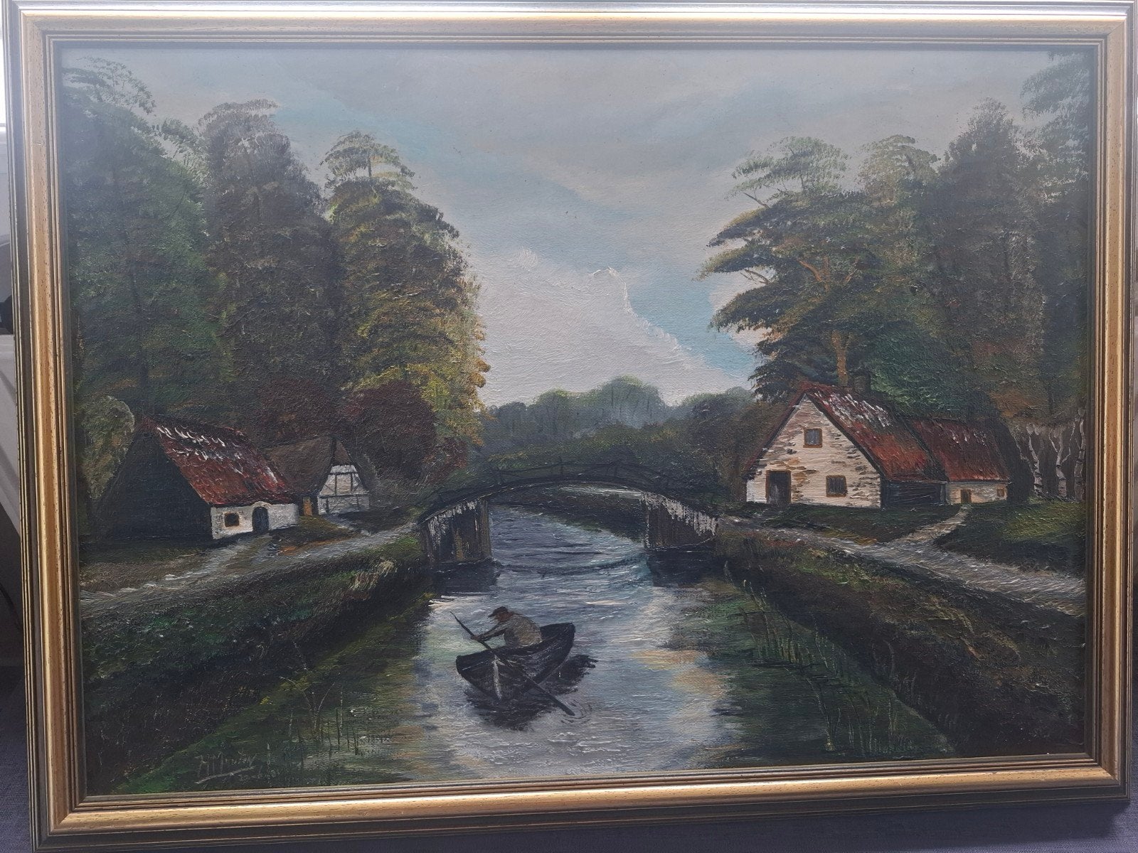 Schilderij: Landschap met huisjes en roeiboot (78x59 cm), Antiek en Kunst, Ophalen of Verzenden