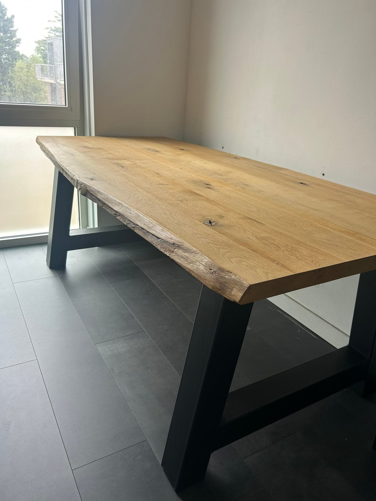 Massief eiken boomstamtafel 200x96 cm, Ophalen, Eikenhout, 200 cm of meer, 50 tot 100 cm