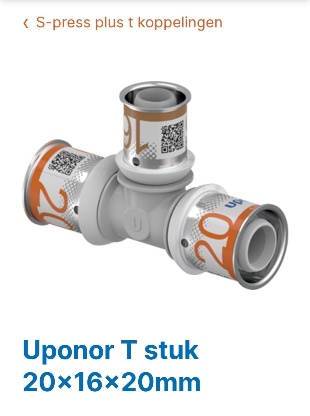 Uponor T-stuk 20x16x20mm S-press plus koppeling, Ophalen, Overige materialen, Bochten, Nieuw