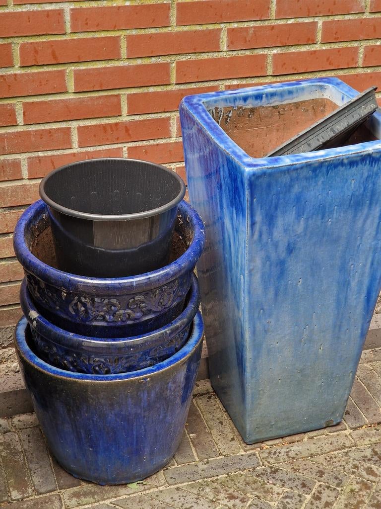Mooie blauwe bloempotten, Tuin en Terras, Bloempotten, Ophalen, Gebruikt, 40 cm of meer, Rond