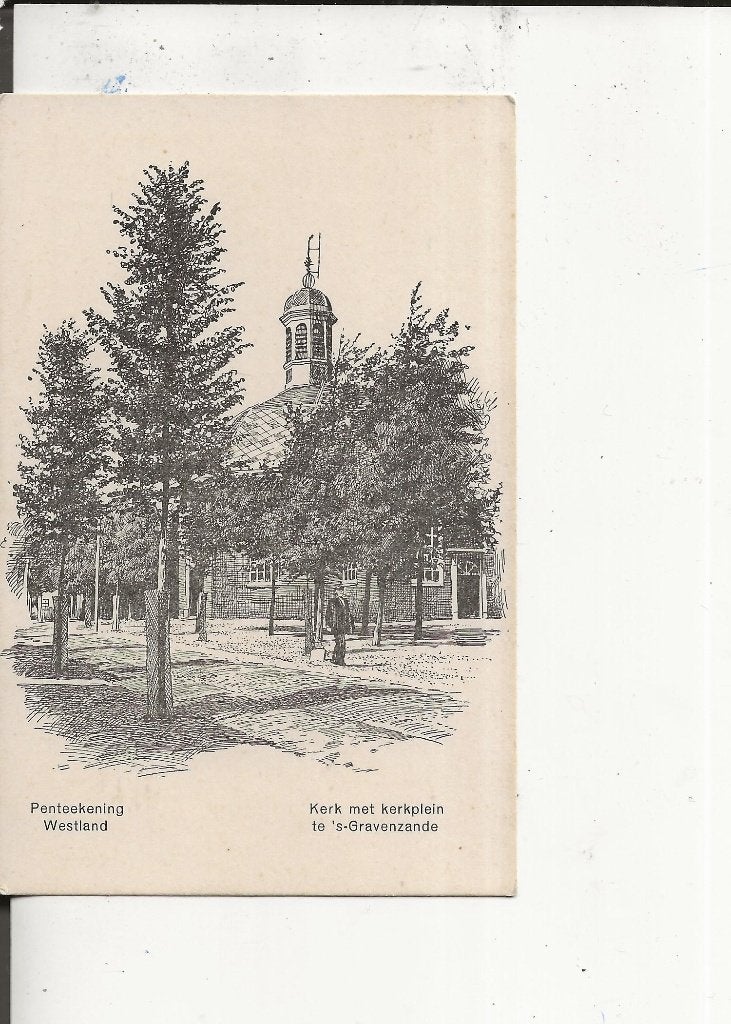 s Gravenzande Kerkplein met Kerk penteekening H Olthoff, Verzamelen, Ansichtkaarten | Nederland, Ophalen of Verzenden, Ongelopen