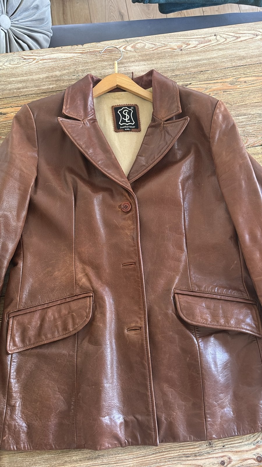 Vintage Bruine Leren Jas colbert blazer - Maat xl, Kleding | Dames, Ophalen of Verzenden, Gedragen, Maat 46/48 (XL) of groter