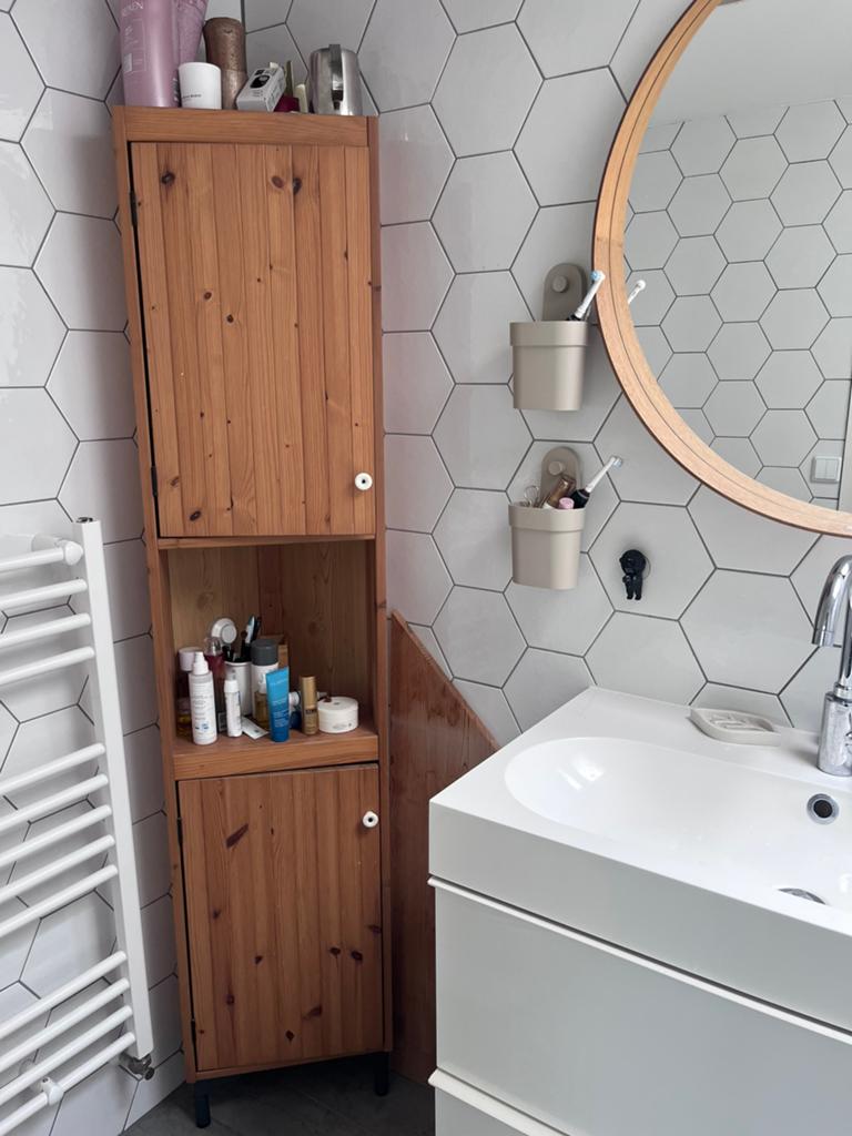 Houten hoekkast ikea badkamer, Ophalen, (Half)hoge kast, Minder dan 50 cm, Gebruikt