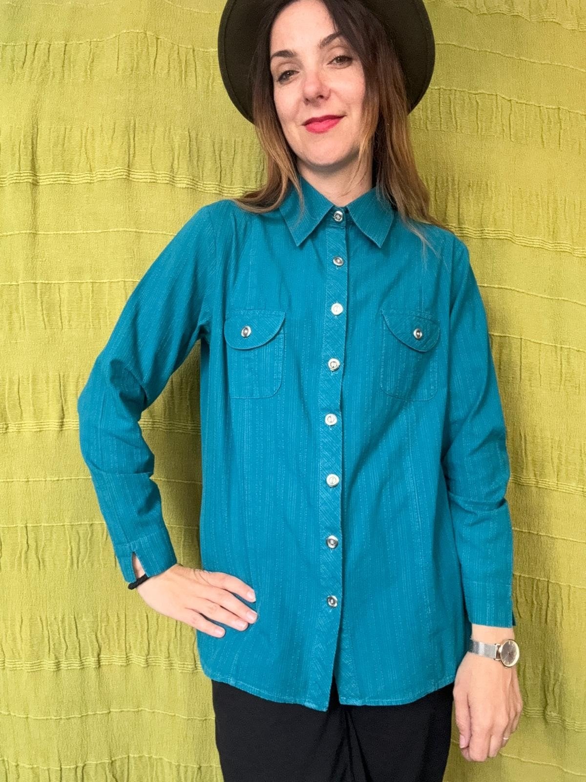 Vintage blouse, maat 42/XL - turquoise - katoen - 90's, Overige kleuren, ., Maat 42/44 (L), Ophalen of Verzenden