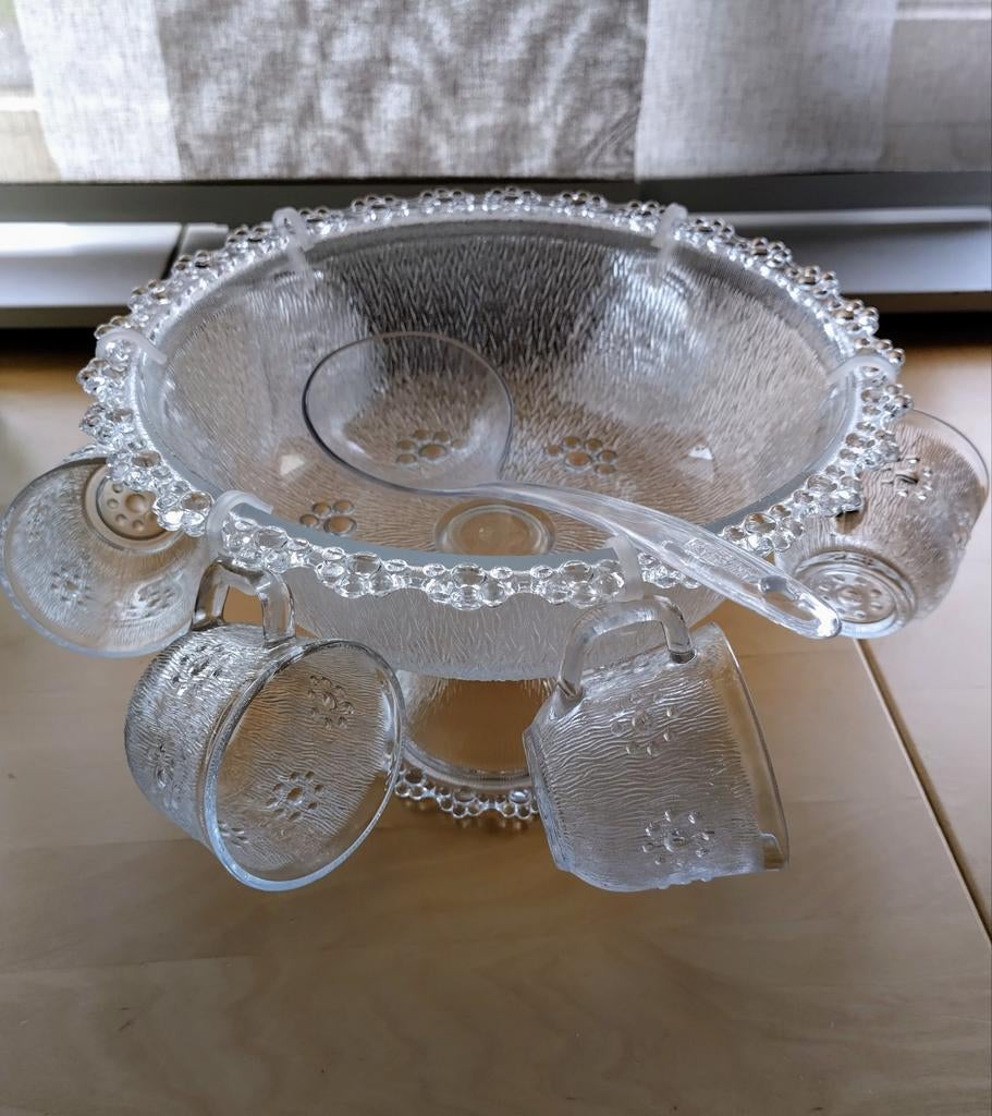 Vintage Glazen Punch Set met Kom, 6 Kopjes en Lepel, Antiek en Kunst, Antiek | Glas en Kristal, Ophalen of Verzenden