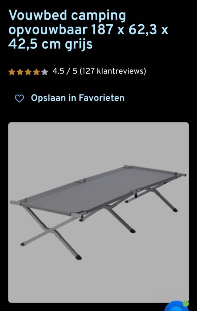 Nieuw Opvouwbaar camping vouwbed - grijs (187x62,3x42,5 cm), Caravans en Kamperen, Ophalen of Verzenden, Zo goed als nieuw, 1-persoons