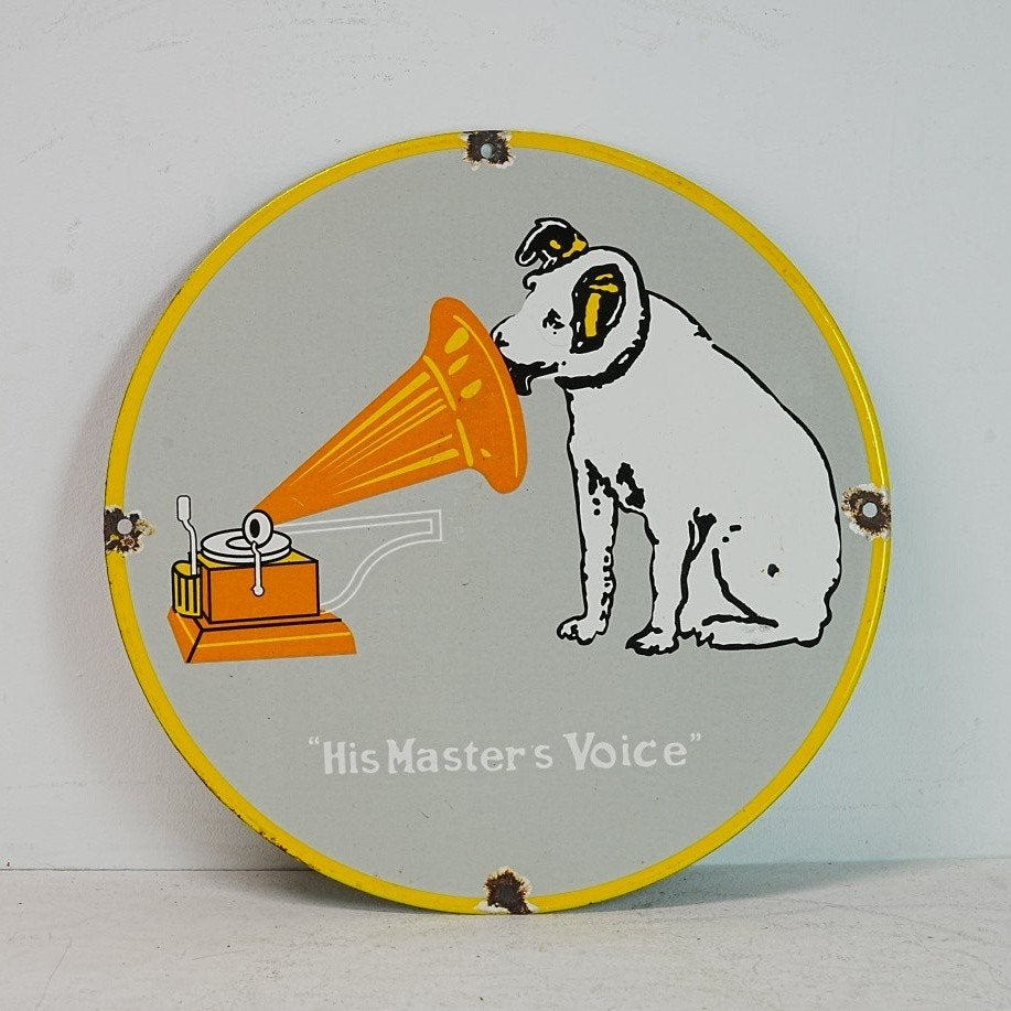 Vintage 'His Master's Voice' Emaille Reclamebord, Ophalen of Verzenden, Zo goed als nieuw, Reclamebord