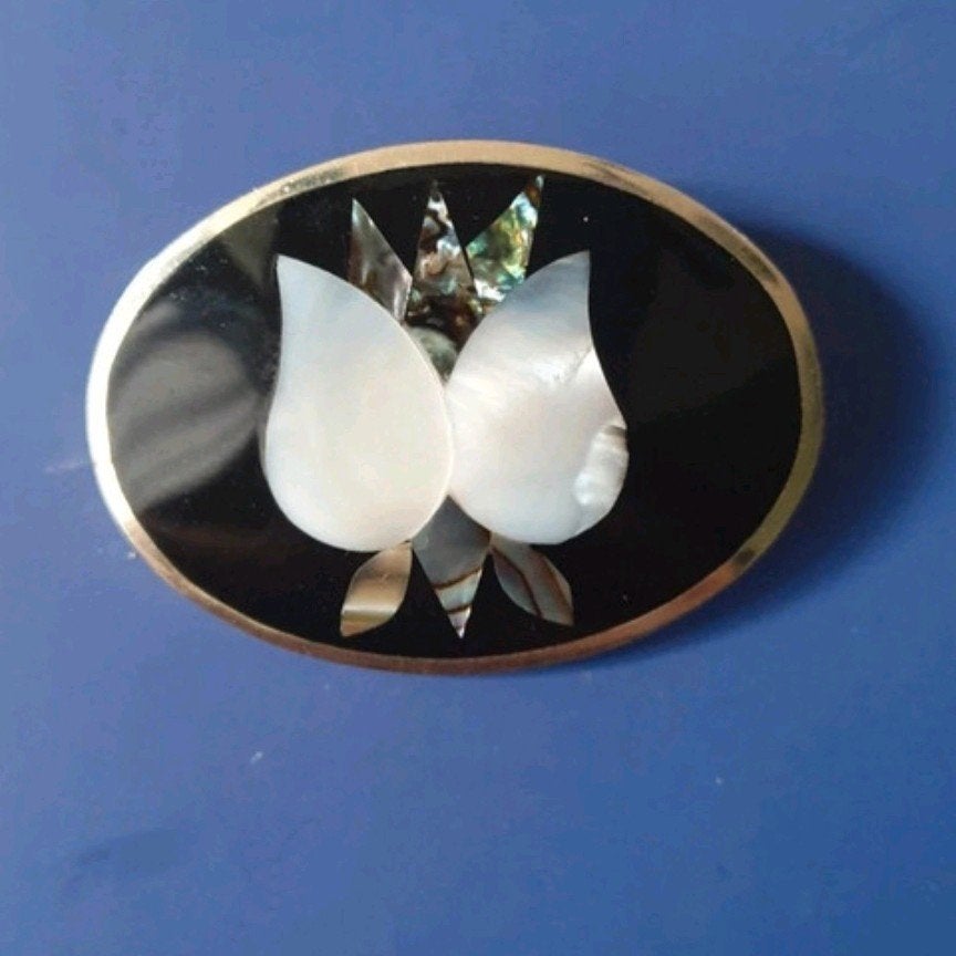 Vintage broche/hanger Onyx, Abalone/parelmoer, Ophalen of Verzenden, Zo goed als nieuw, Overige materialen