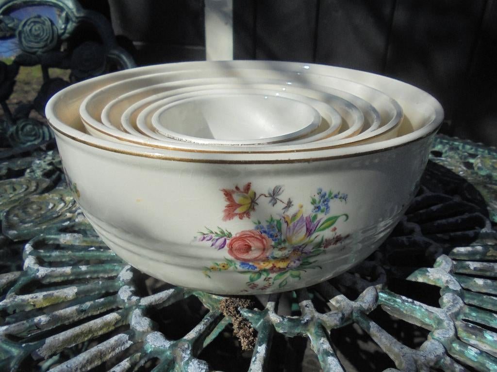 Oude set Nestschalen met bloemboeket / roze roos, Antiek en Kunst, Ophalen of Verzenden