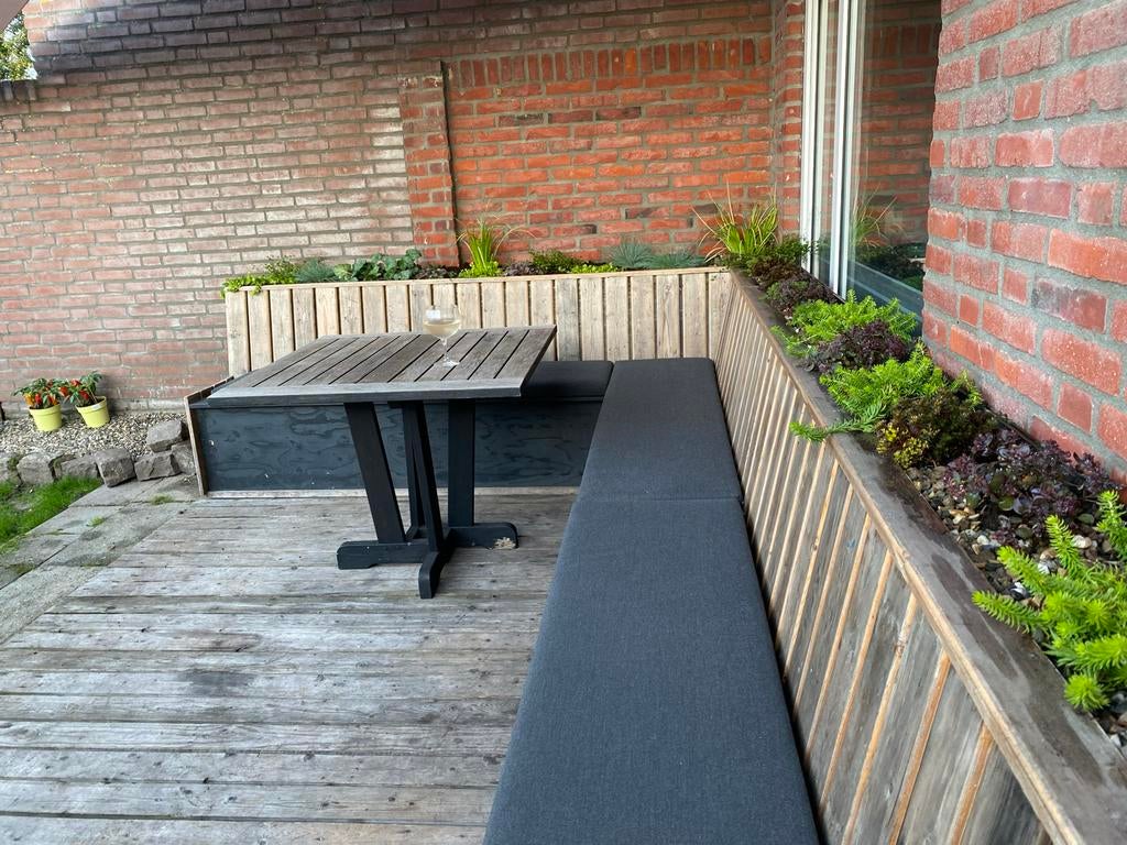 Unieke handgemaakte tuinbank met kussens, Ophalen of Verzenden, Gebruikt, Hout