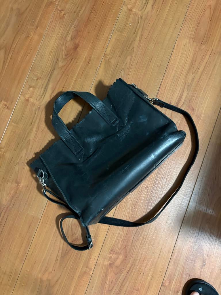 Myomy Paper Bag Zwarte Leren Handtas, Sieraden, Tassen en Uiterlijk, Tassen | Damestassen, Ophalen of Verzenden, Gebruikt, Zwart