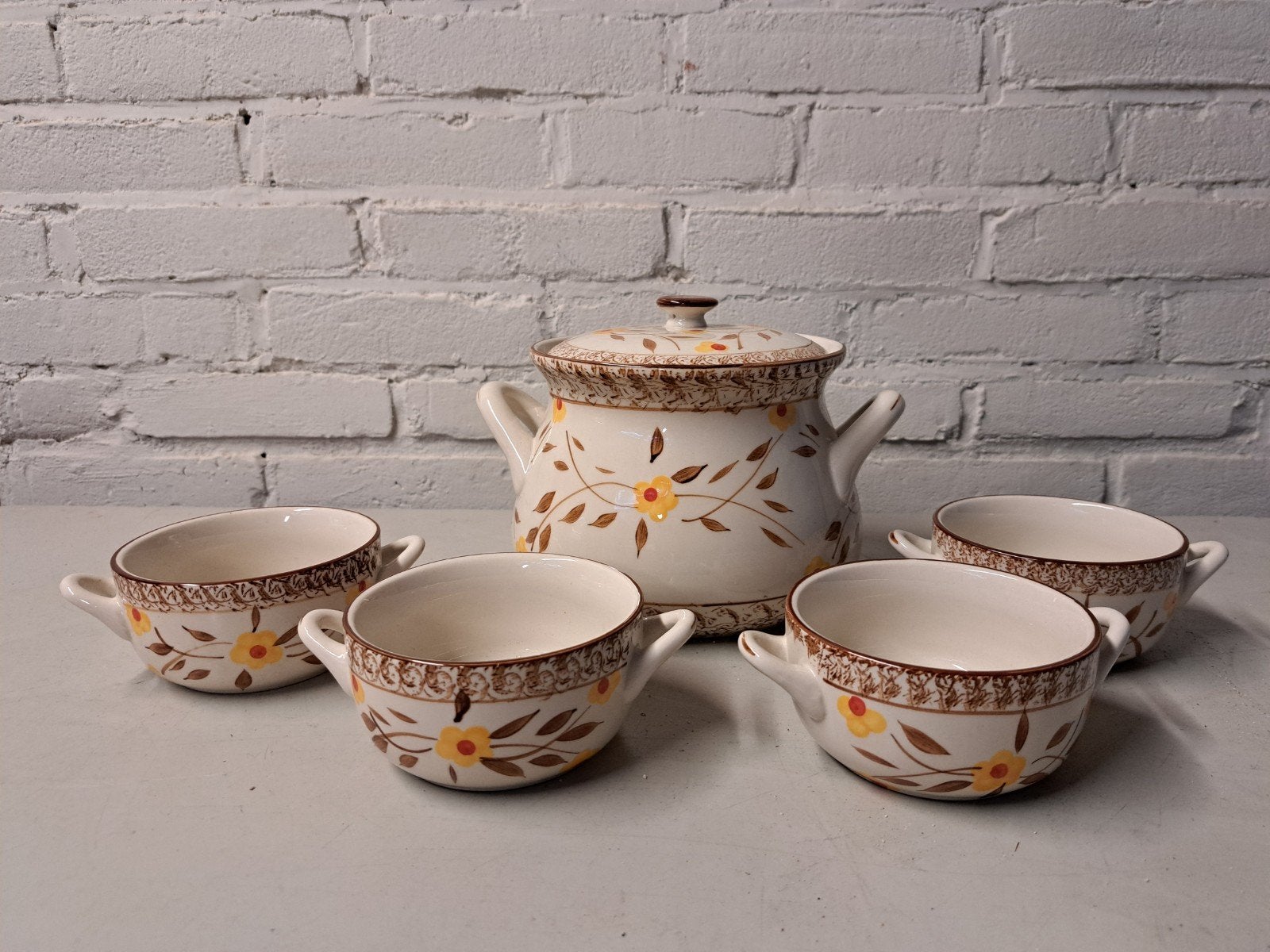 Vintage Soepterrine met 4 Kommen - Bloemenpatroon, Ophalen of Verzenden