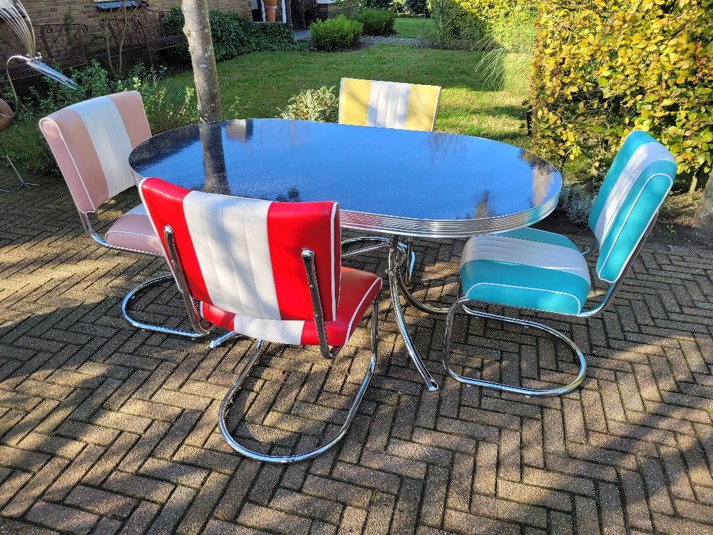 Bel Air diner tafel TO-26 + 4 slede stoelen fifties sixties, Huis en Inrichting, Ophalen, Overige kleuren, Zo goed als nieuw, Vier