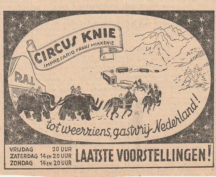 Retro reclame 1947 Circus Knie tot weerziens Nederland, Verzenden, Overige typen