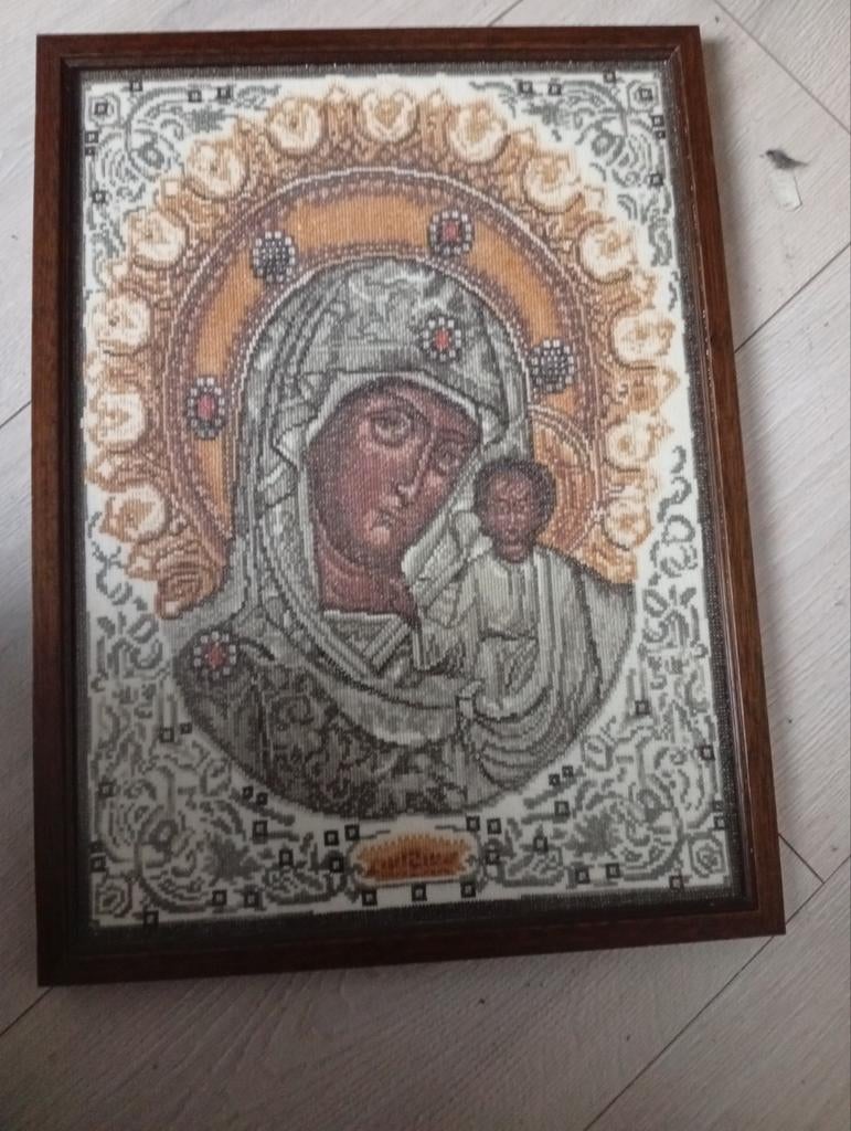 Handgemaakte geborduurde icoon van Maria met kind, Ophalen of Verzenden