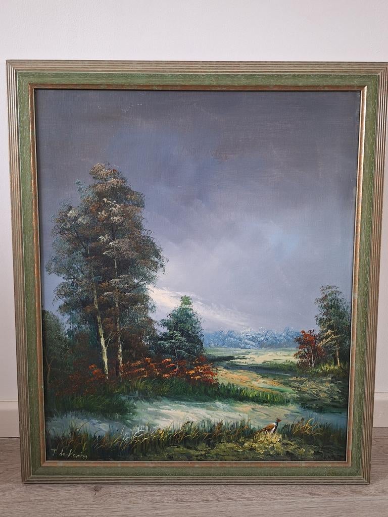 Schilderij met fazant in landschap, Antiek en Kunst, Kunst | Schilderijen | Klassiek, Ophalen of Verzenden