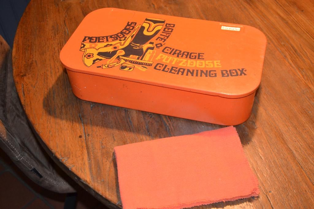 oranje Brabantia vintage schoenpoetsdoos met doek, Antiek en Kunst, Curiosa en Brocante, Ophalen of Verzenden