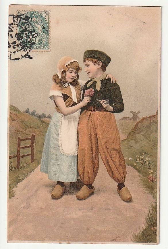 2 kinderen klompen klederdracht jongen pijp Meissner Buch, Verzamelen, Ansichtkaarten | Themakaarten, Verzenden, Voor 1920, Gelopen