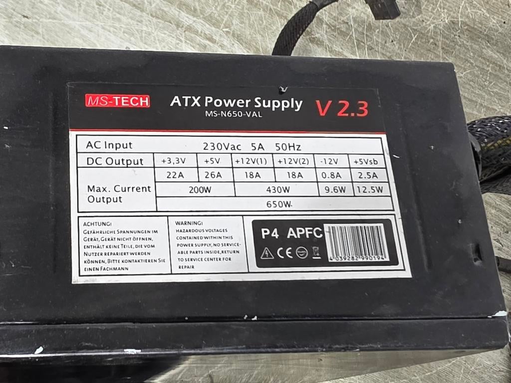 Ms-tech 650w max voeding psu power supply ms-n650-val, Ophalen of Verzenden, Gebruikt