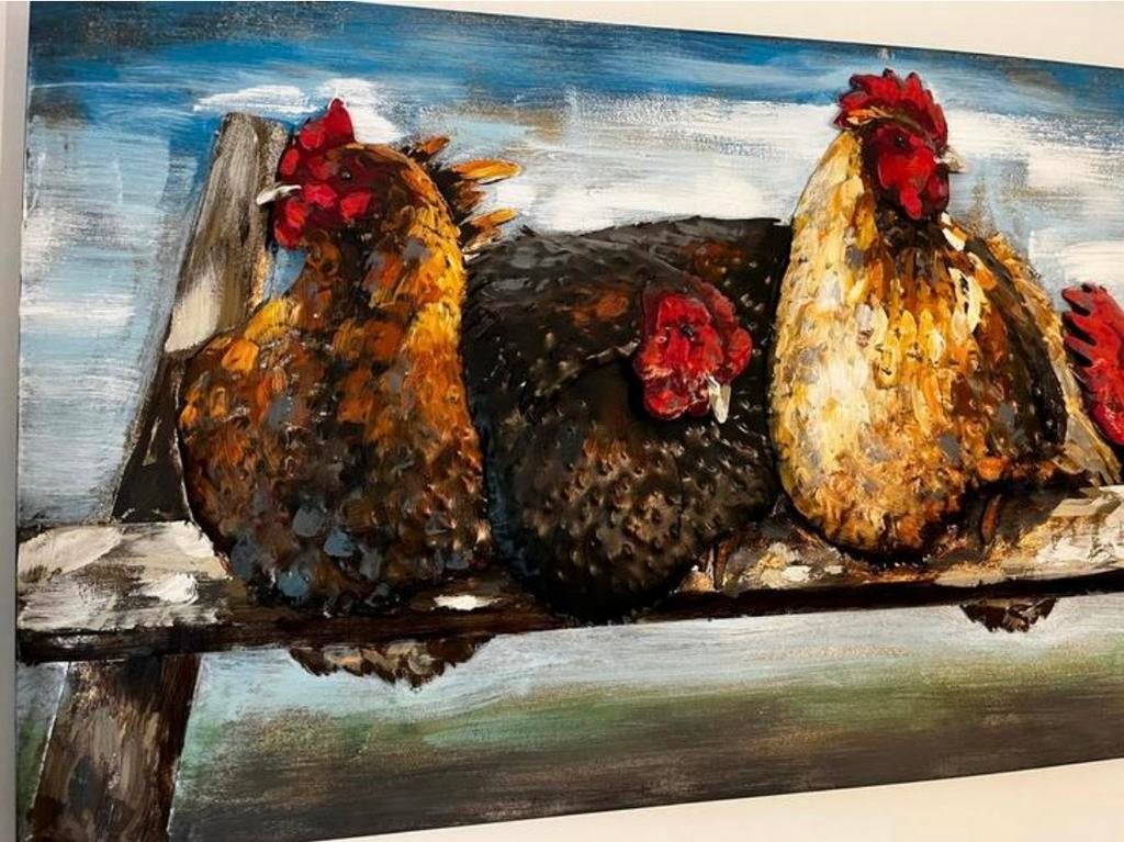 Metalen Schilderij - Kippen op een rij - Wall Art, Huis en Inrichting, Woonaccessoires | Schilderijen, Tekeningen en Foto's, Ophalen