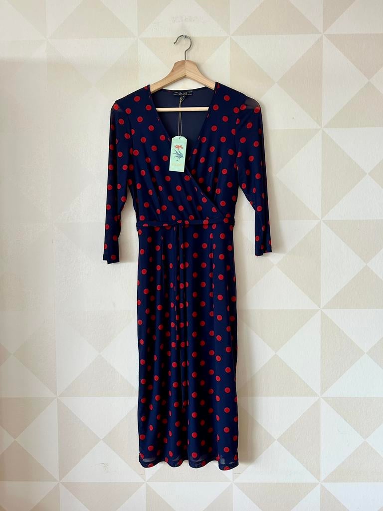 King Louie Anja Dress jurk blauw rood stip S/36 NIEUW, Blauw, Nieuw, Ophalen of Verzenden, Maat 36 (S)