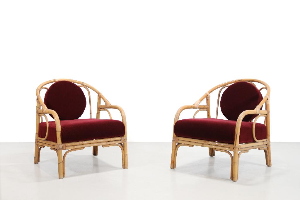 2 bamboo en rotan vintage fauteuils in Bordeaux Mohair, Ophalen, Gebruikt, Vintage, 75 tot 100 cm