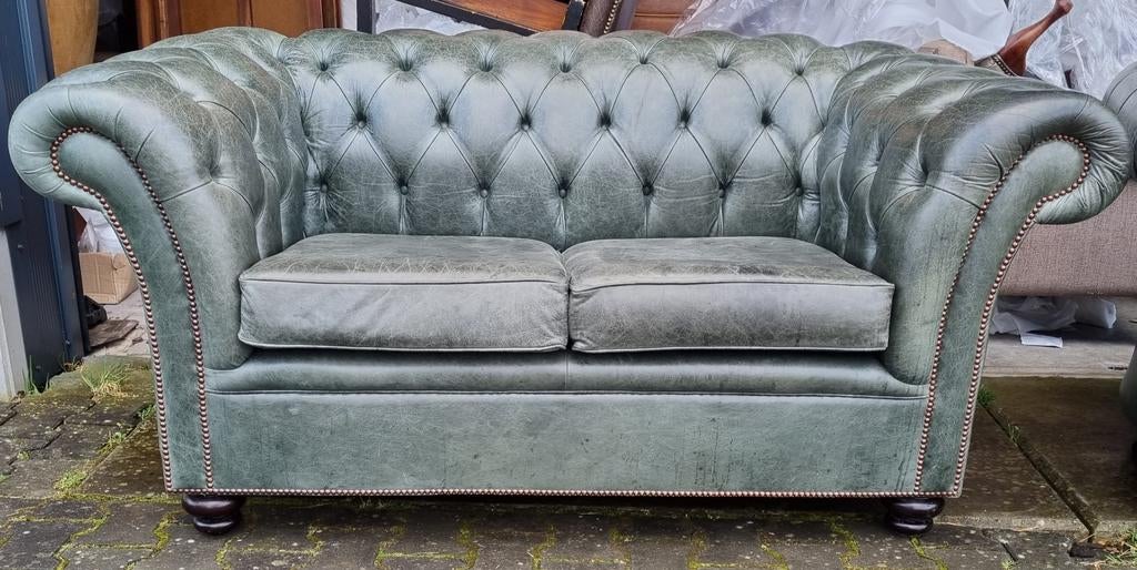 Chesterfield 3+2 zit bank groen leer + BEZORGING GRATIS, Huis en Inrichting, Banken | Bankstellen, Gebruikt, ., Chesterfield, Ophalen of Verzenden