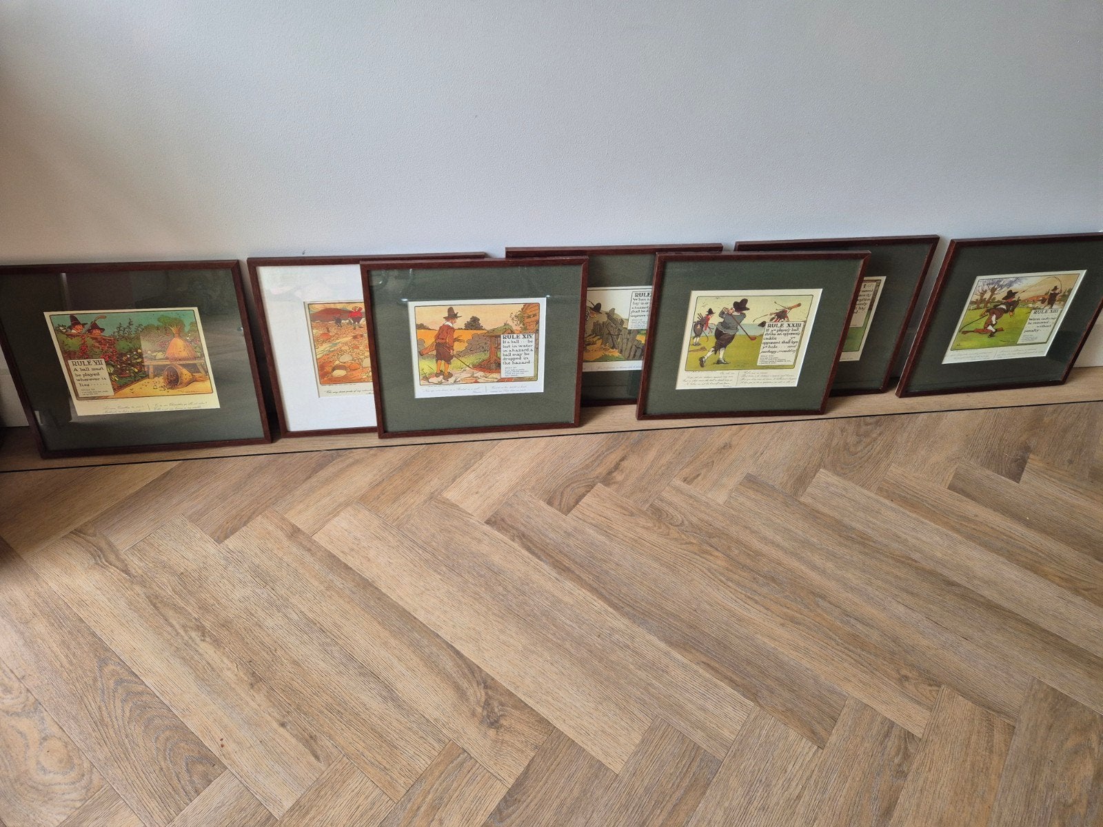 Set van 7 ingelijste vintage golf prints (Perrier), Minder dan 50 cm, Gebruikt, Ophalen of Verzenden, Print