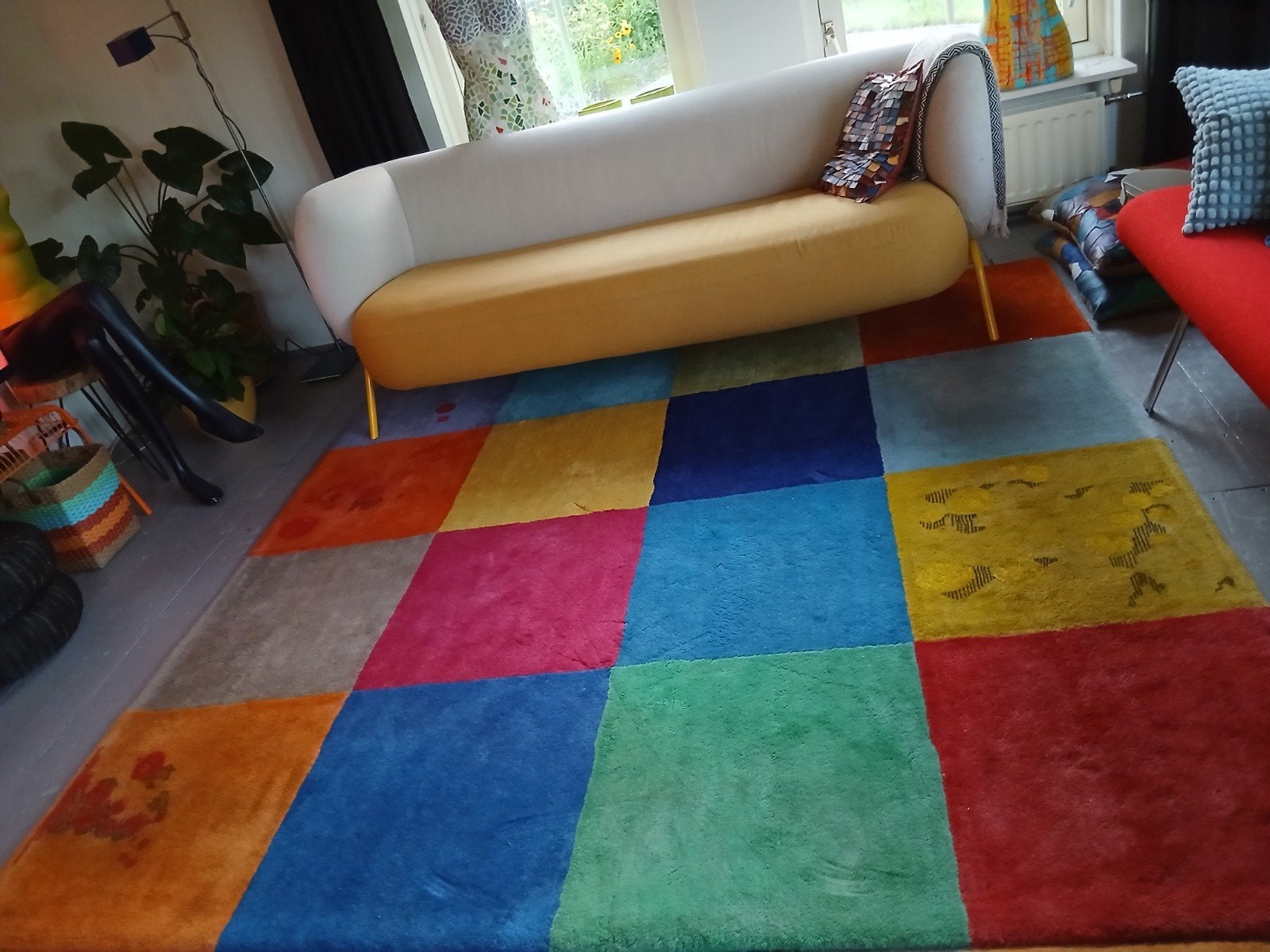 Gekleurd blokkenkleed met accenten - 2.30 x 2.30 m, Ophalen, Gebruikt, Geel, Vierkant