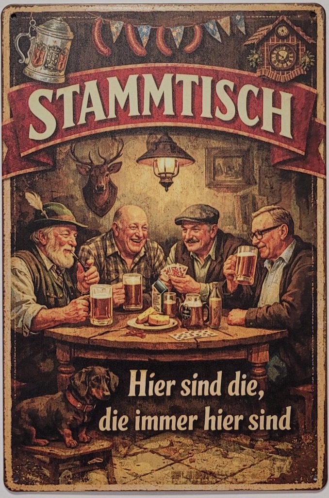 Stammtisch hier sind die reclamebord van metaal wandbord, Info@deconoord.nl, Deco Noord, Nieuw, Ophalen of Verzenden