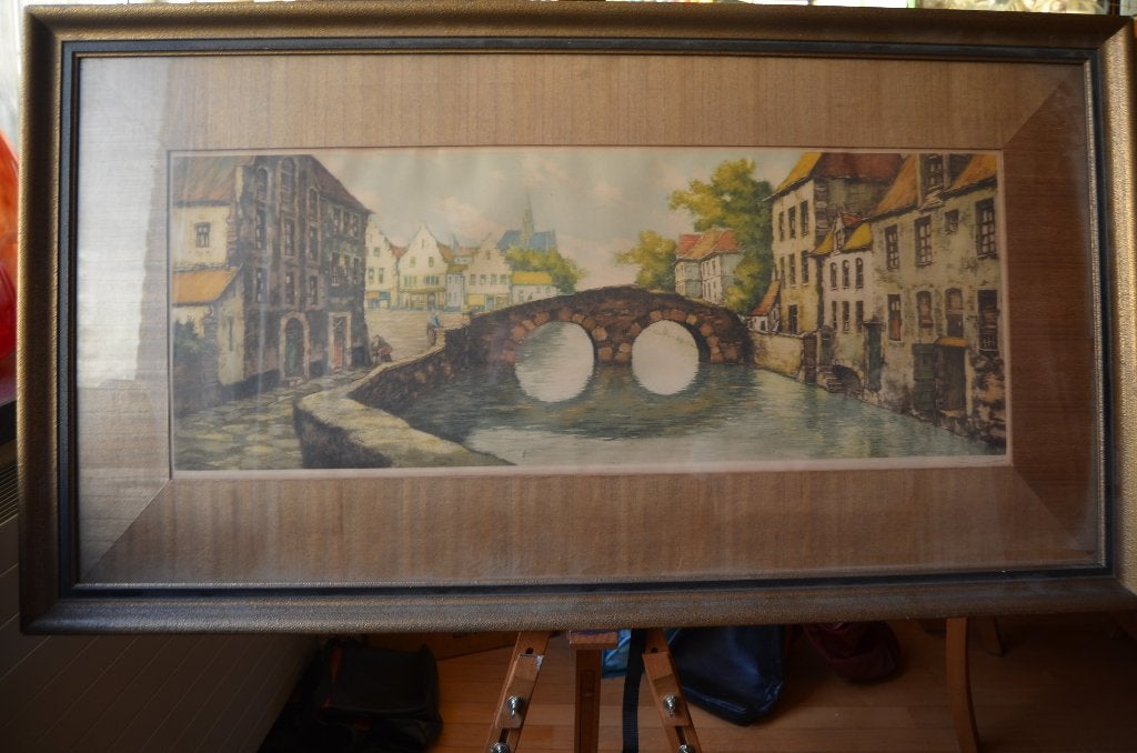Grote kleurenets (?) Stadsgezicht Brugge gesig. 'van Meulen', Antiek en Kunst, Ingelijst, Ophalen of Verzenden, 106 cm, 1950 - 1999