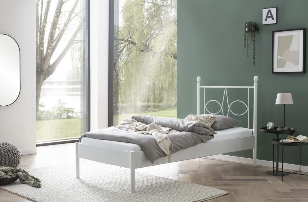 Metalen bed 90x220 + lattenbodem - goede staat!, Ophalen, 90 cm, Eenpersoons, Wit