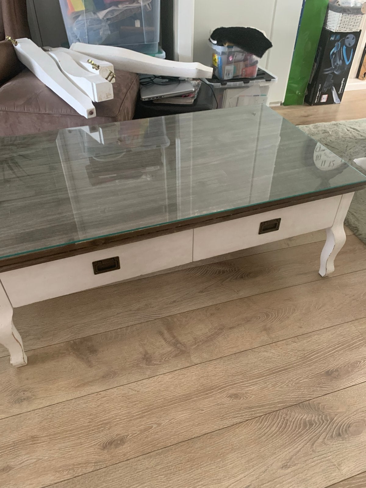 Salontafel met glazen blad en lades, Huis en Inrichting, Ophalen, Gebruikt, 100 tot 150 cm, Glas