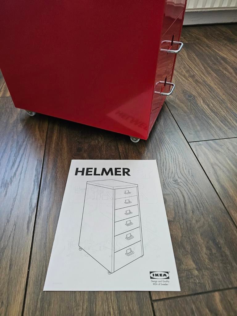 Ikea Helmer ladekast rood met 6 lades op wielen, Ophalen, Minder dan 50 cm, Gebruikt, 5 laden of meer