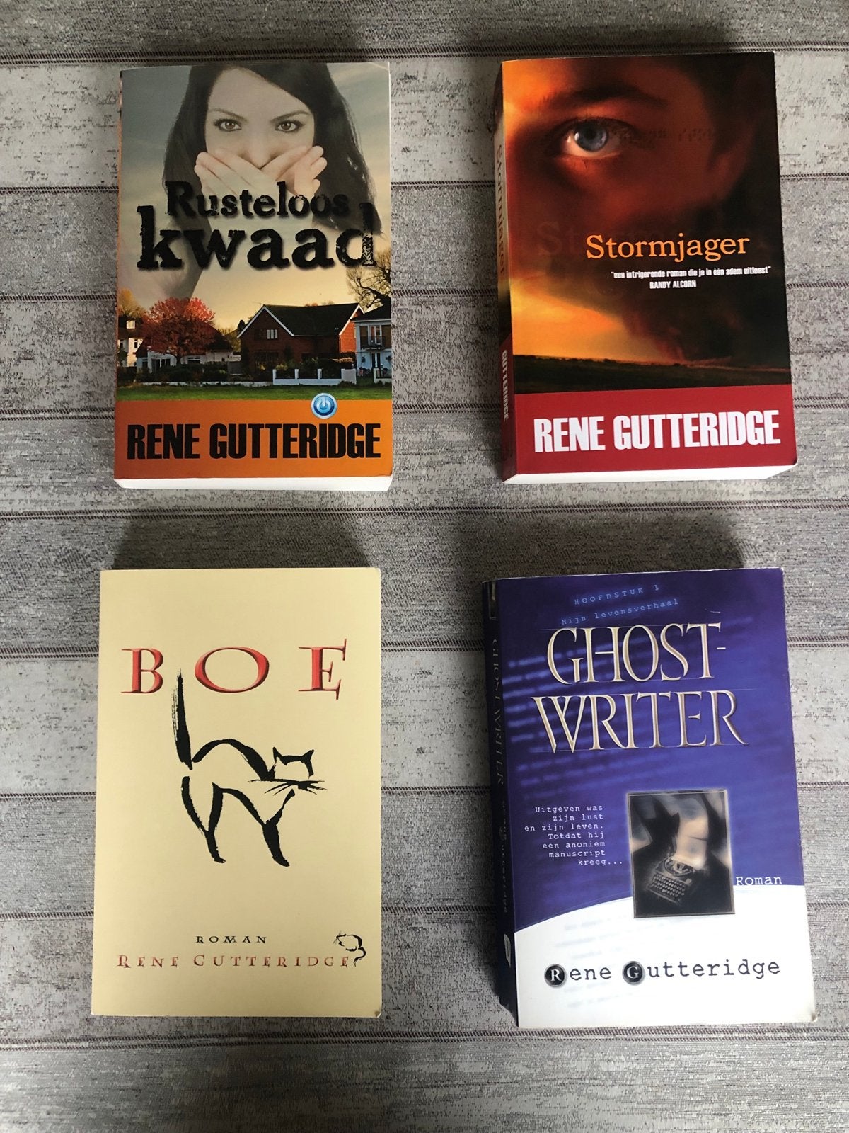 4 boeken van Rene Gutteridge: Rusteloos kwaad, Stormjager, B, Ophalen of Verzenden, Gelezen