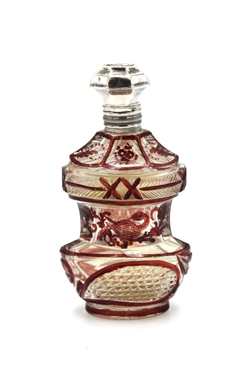 Boheems kristallen parfumflesje, zilveren dop, Holland 1850., Ophalen of Verzenden, Zilver